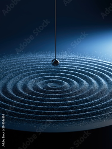 Minimalist dark blue abstract composition showing a magnetic pendulum hanging above intricate concentric sand ripples in a circular pattern.