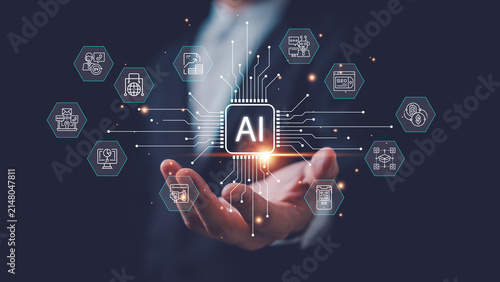 Artificial intelligence technology concept and AI processor, digital automation, machine learning, data analytic, business innovation, cloud computing, smart network, futuristic digital transformation