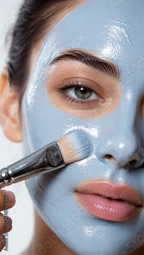 Beautiful young woman applying blue clay facial mask with a cosmetic brush. Close-up view of skincare routine, facial treatment, and spa procedure for clean skin and wellness