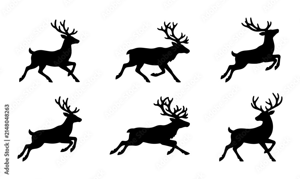 Fototapeta premium Reindeer Silhouette Set, Six Dynamic Poses, Festive Christmas Animal Vector Graphics