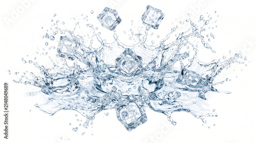 Swirling vortex water splash and ice cubes isolated on white background