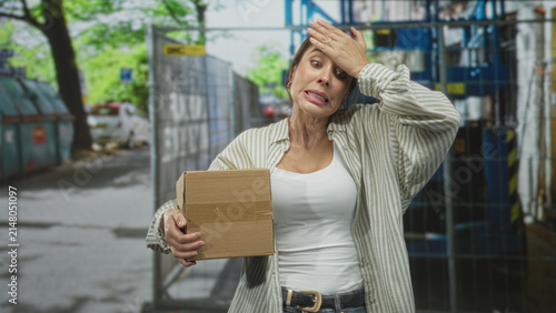 Foto Woman holding cardboard box, hand on forehead and grimace while standing by metal gate and dumpsters on street; frustration resilience