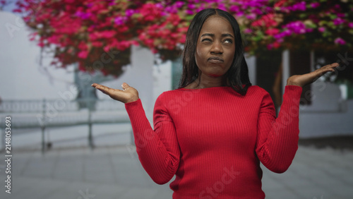 Quadro su tela Woman shrugs with palms up, hands visible, wearing a red sweater in front of a building with pink flowers overhead; playful doubt