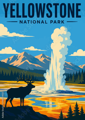 Bild auf Leinwand 096-16-Yellowstone national park vintage travel poster featuring geyser and elk