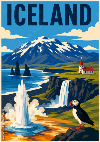 096-19-Iceland's iconic landmarks and wildlife in a colorful vintage travel poster illustration