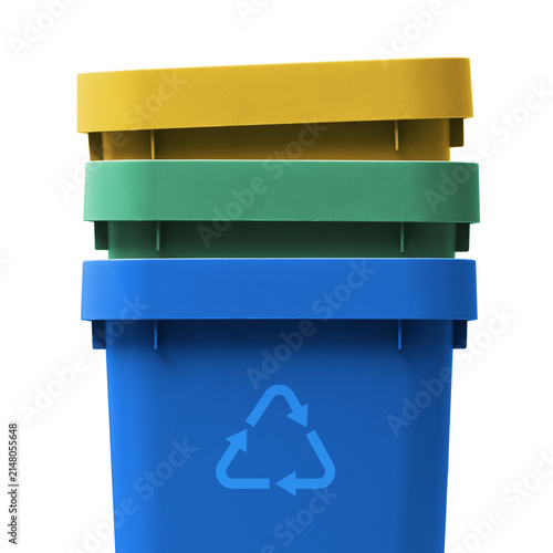Canvastavla Stacked Colorful Recycling Bins in Blue Green and Yellow for Waste Sorting Conce