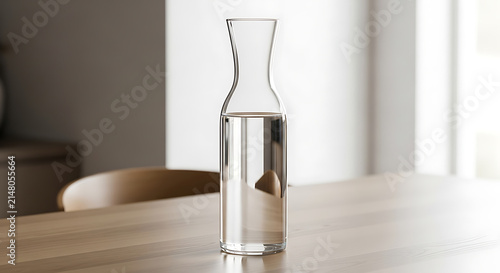 Elegant glass carafe with water on wooden table mockup, blank spaces for text