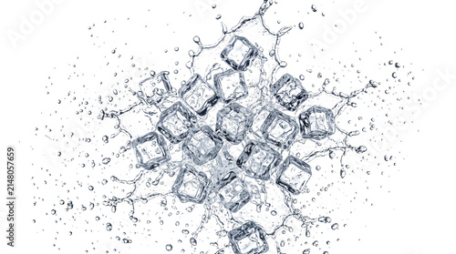 Dynamic water crown splash with falling ice cubes isolated on white background