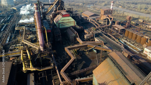 Obraz na plátně Factory, industrial enterprise, metallurgical plant, smoke from chimneys, aerial photography from a drone