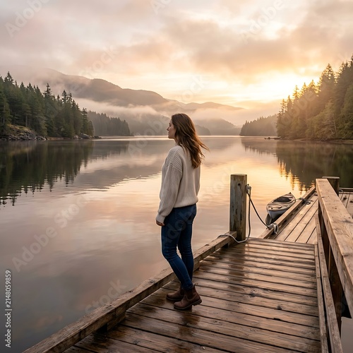 Woman on dock in foggy mountain lake landscape.