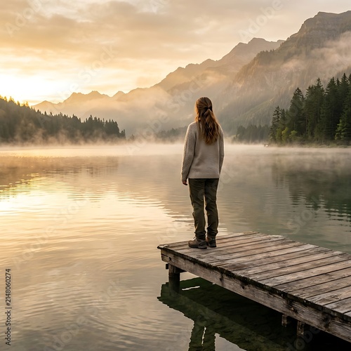 Woman on dock overlooking misty mountain lake at dawn.