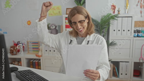 Foto Woman pediatrician raising a celebratory fist while holding patient papers at a childrens clinic building; relief joy success