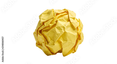Crumbled yellow paper ball on transparent background