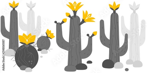 Decorative cactus border background with blooming flowers and desert plants. Flat vector illustration ideal for banners, invitations, posters, presentations, wallpapers, and templates.