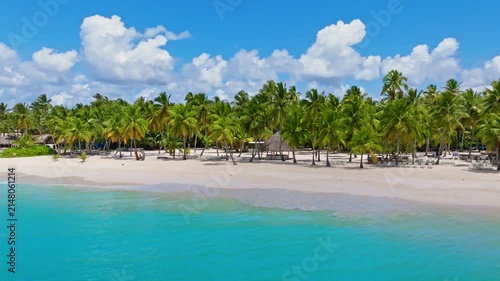 A tropical resort beach with swaying palm trees and an azure ocean. Coconut palms on the white sand beach of Saona Island, Dominican Republic. Endless white sand coastline. Tropical shore.