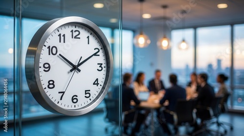 Employees focused on their tasks and collaborating on projects in a bustling office meeting room with a large clock on a glass wall.