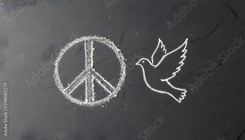 Hand drawn white chalk drawings of peace symbol and flying dove on dark slate board for Anti-Nuclear Weapons Day and global nuclear disarmament awareness concept