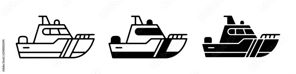 Obraz premium Modern Motorboat Icons, Nautical Vessel Graphics, Marine Transportation Vector Set, Watercraft Symbols for Travel and Leisure