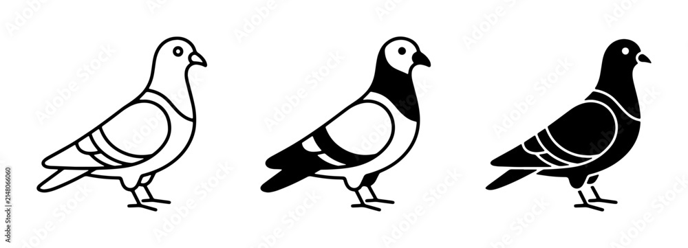 Fototapeta premium Pigeon Icons, Bird Silhouettes, and Outline Vector Graphics for Animal and Nature Designs