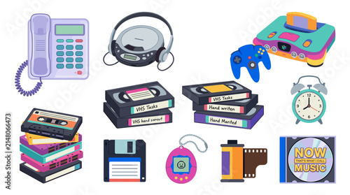 Retro 90s Technology and Vintage Gadgets Illustration Set