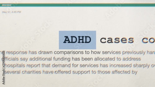 Medical news report text animation featuring highlighted adhd word regarding neurology and mental health disorder cases