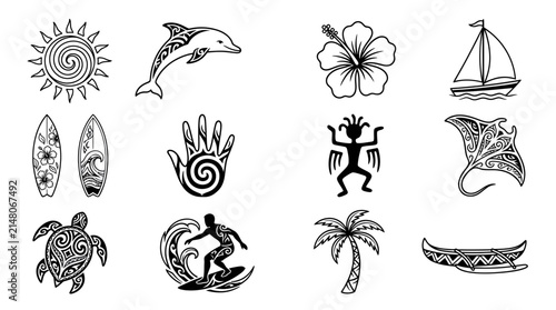 Symbol collection showcasing various indigenous and nautical motifs features a turtle and a surfer riding a wave to evoke a sense of coastal lifestyle and tropical adventure for digital media.