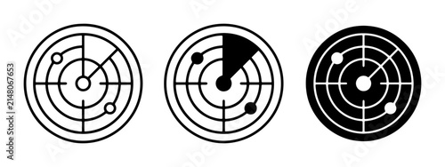 Radar Icons Set: Detection, Navigation, and Tracking Systems, Vector Graphics for Technology and Surveillance