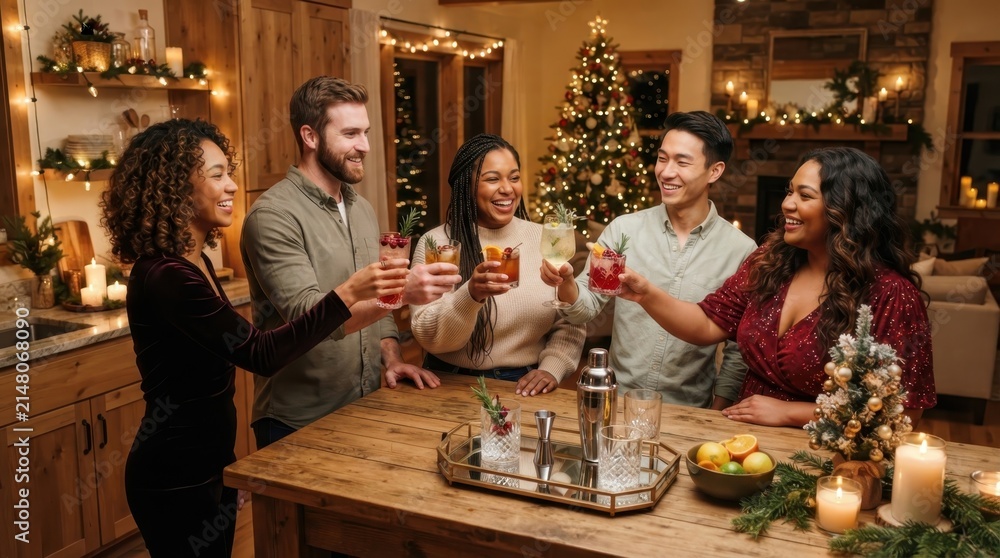 Fototapeta premium Friends celebrating Christmas with festive cocktails and holiday cheer