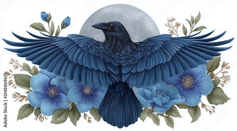 Naklejka premium Dark blue raven with outstretched wings and full moon. Symmetrical gothic illustration with blue flowers and green leaves on white background