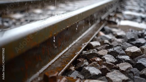 Close up of railway track with water droplets during rainfall