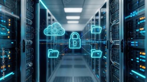 Business continuity concept with disaster recovery in a data center featuring digital icons for cybersecurity and cloud backup
