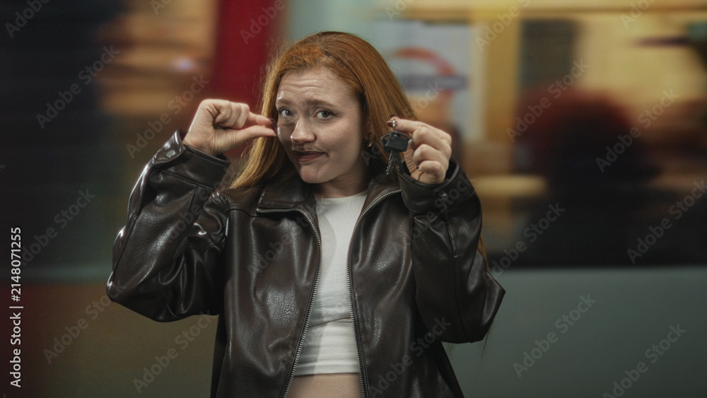 Fototapeta premium Redhead woman holds keys and pinches fingers to show tiny amount in a station building, wearing leather jacket and crop top; wry frustration.