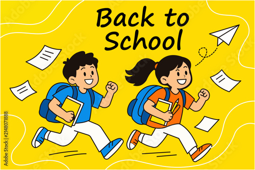 Back to School Cartoon Vector Illustration of Happy School Kids Running with Backpacks and Books