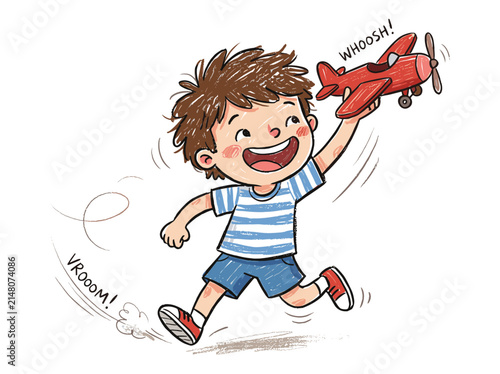 Excited boy with brown hair running and playing with red toy airplane