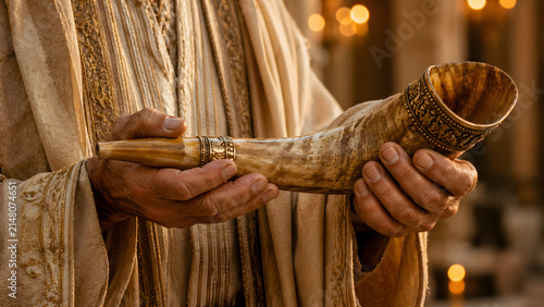 Closeup of hands holding an ornate ancient shofar horn