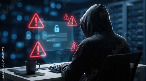 Online cybercrime and digital security threat concept featuring a hacker in hoodie with login interface and warning signs on a dark background.