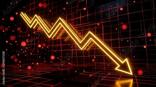 3D rendering of a global financial market crash with a graph and downward arrow on a digital red grid background showing economic collapse impact.