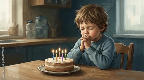 Sad young boy making a wish with hands folded praying in front of birthday cake with burning candles