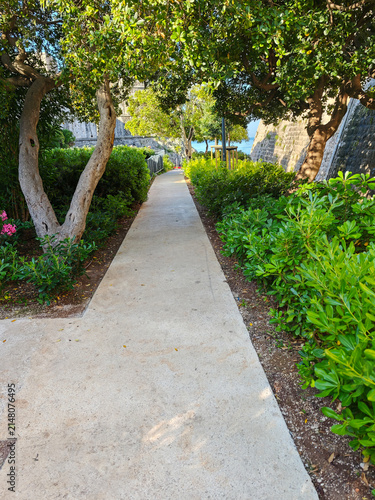 A peaceful stone walking path shaded by lush green trees offering a journey of discovery in Dubrovnik.
