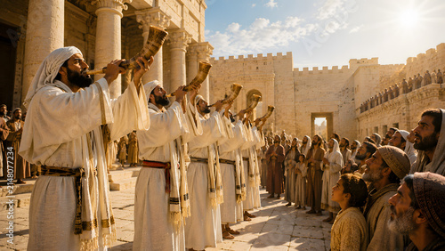 Ancient israelites blowing shofar horns in front of the temple in jerusalem