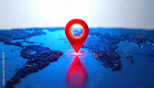 Digital pin glows with radiant clarity, radiating resilience, location, and navigation; a vivid emblem of mapping, technology, and transformation within space.