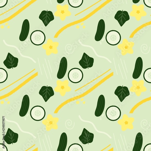Cute Cucumber Seamless Pattern with Fresh Cucumbers, Slices, Leaves, and Yellow Flowers on Light Green Background