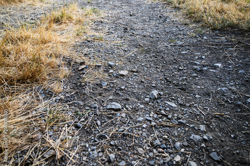 Rough gravel path with small stones, dry grass and natural ground texture
