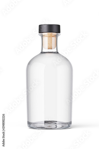 Blank glass bottle mockup with cork stopper and black cap, isolated on a neutral background. Ideal for spirits, liquor, rum, whiskey, bourbon, gin, vodka and other premium beverage branding, label des