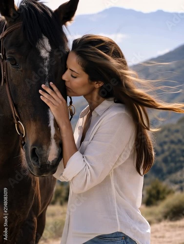 Young woman gently embracing horse in scenic mountain landscape showing trust and emotional connection