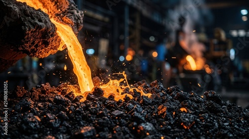 Close-up of molten flow slag transitioning to solid black granules in an industrial metallurgy process during water cooling, including copy space