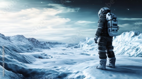 Astronaut standing on a desolate, icy alien planet