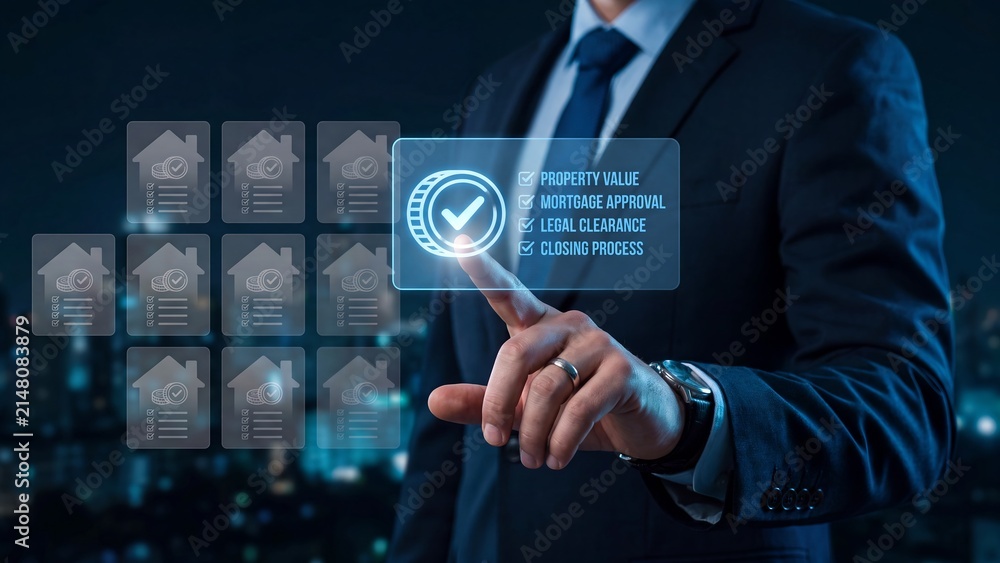 Obraz premium Businessman touching checkmark interface with property value mortgage approval legal clearance and house document icons real estate concept for home loan verification and property closing process