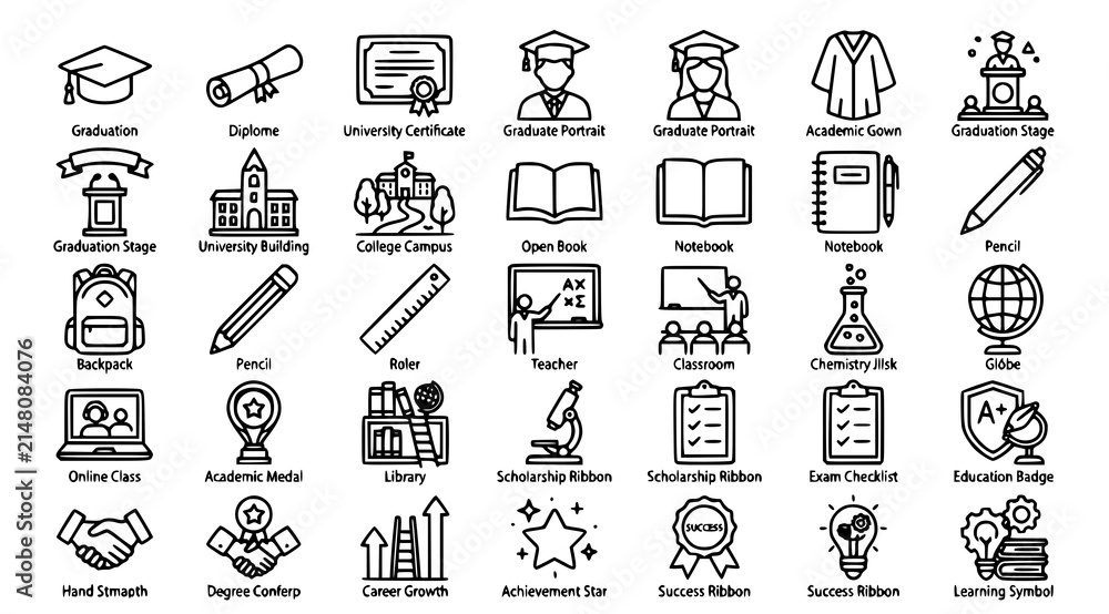 Fototapeta premium Professional Graduation Celebration and Education Black Outline Doodle Icon Pack with Diploma Student University Degree and Editable Stroke Vector Symbols