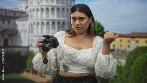 Photography Woman holding dslr camera points thumb to side at building with frowning puzzled expression, lens cap dangling from hand; travel frustration